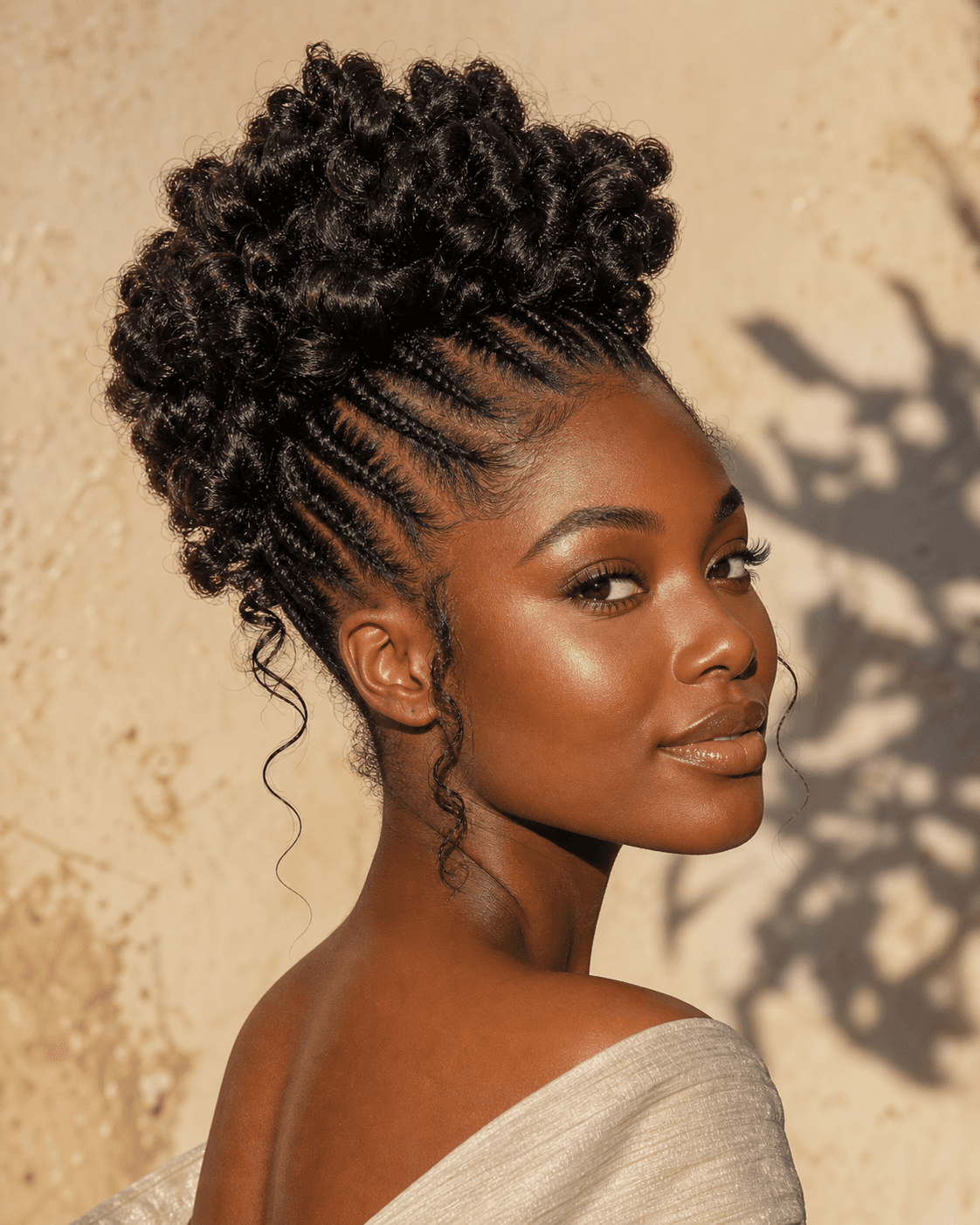 Natural hair styled in an elegant updo