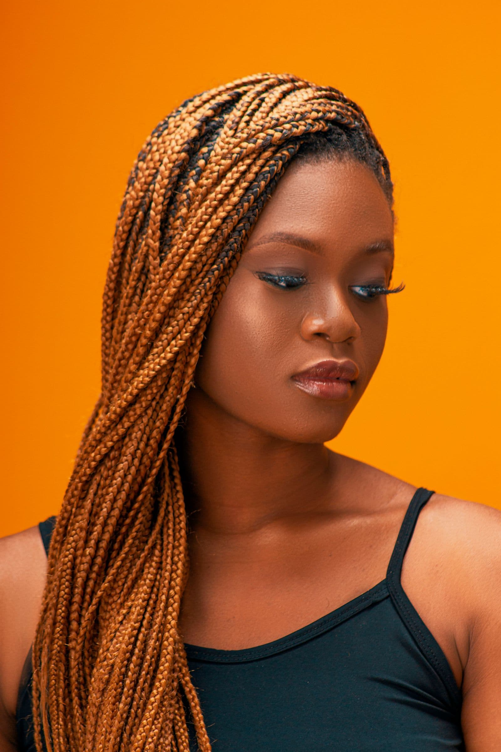 Long copper-toned box braids