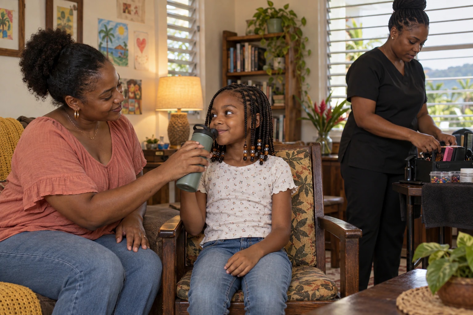 Mother offering a water break during her child's comfortable mobile braiding appointment