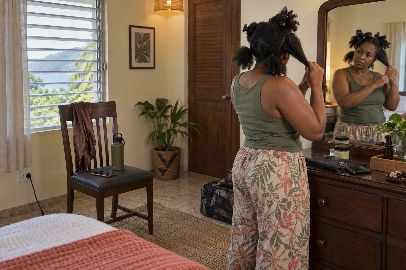 Woman sectioning her natural hair beside a prepared chair before a mobile hair appointment