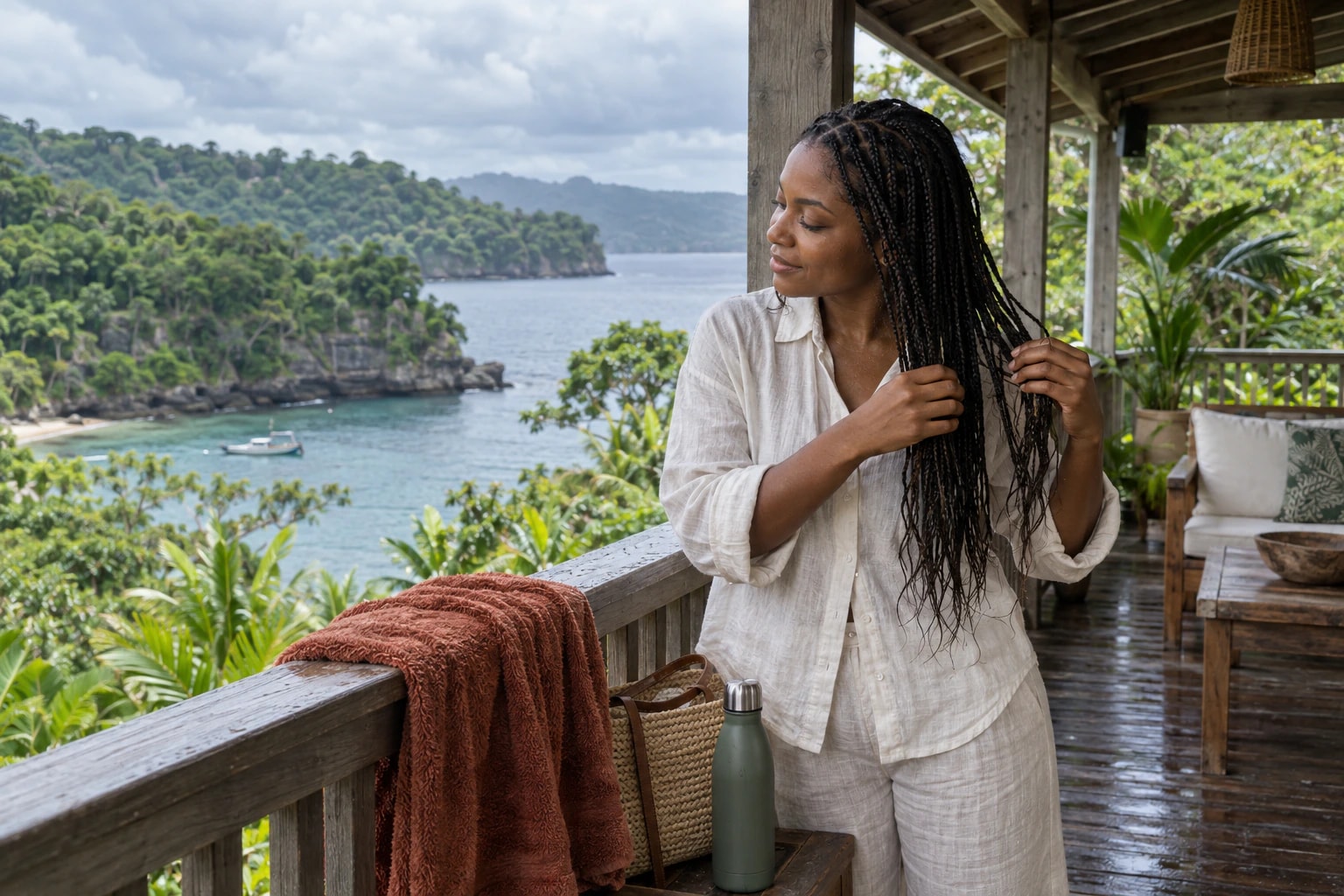 Woman air-drying her braids on a veranda overlooking a lush Portland cove
